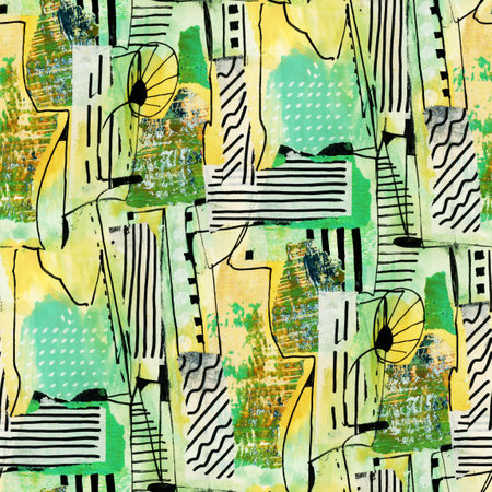 Seamless pattern with abstract drawing. Mixed media and collage. Hand-drawn illustration.の写真素材