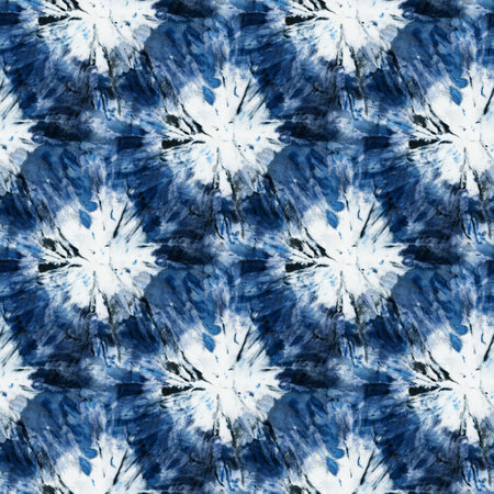 Seamless tie-dye pattern of indigo color on white silk. Hand painting fabrics - nodular batik. Shibori dyeing.の写真素材