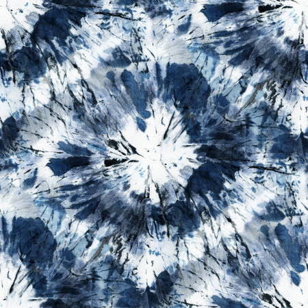 Seamless tie-dye pattern of indigo color on white silk. Hand painting fabrics - nodular batik. Shibori dyeing.の写真素材