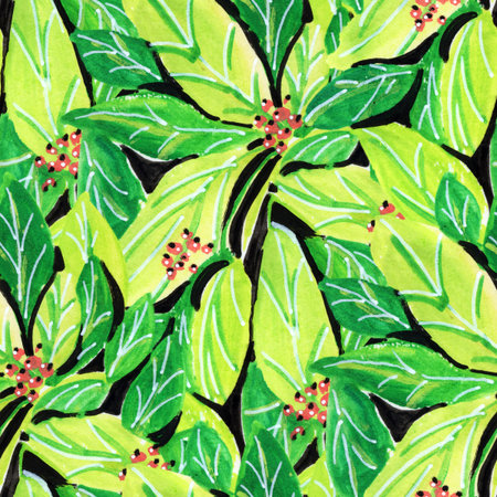 Seamless pattern with leaves. Gouache drawing. Hand-drawn illustration.の写真素材