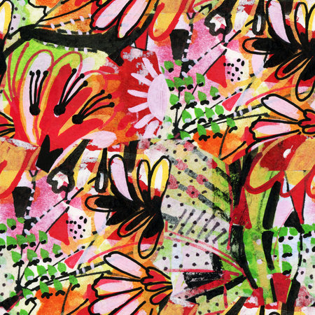 Seamless pattern with abstract drawing. Mixed media and collage. Hand-drawn illustration.の写真素材
