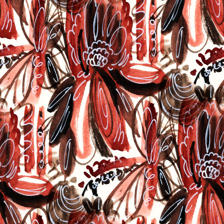 Seamless pattern with flowers. Gouache drawing. Hand-drawn illustration.の写真素材