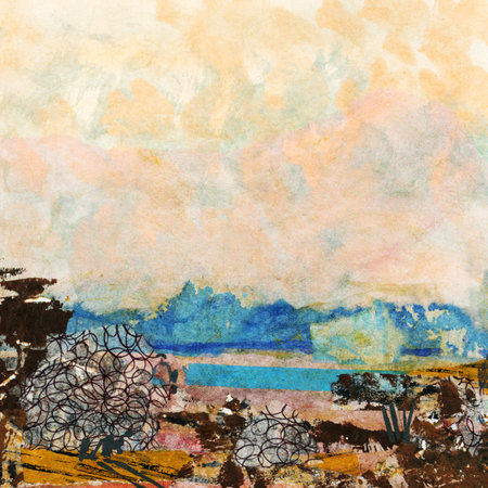 Abstract landscape. Paper applique. Collage art. Mixed media.の写真素材