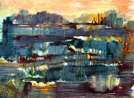 Abstract landscape in minimalism style. Watercolor drawing.の写真素材