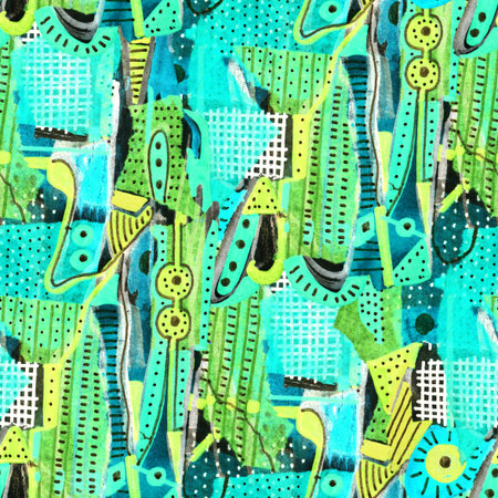 Seamless pattern with abstract drawing. Mixed media and collage. Hand-drawn illustration.の写真素材
