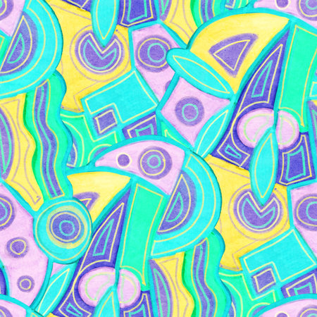 Abstract seamless pattern with watercolor drawing in doodle style. Drawing with markers.の写真素材