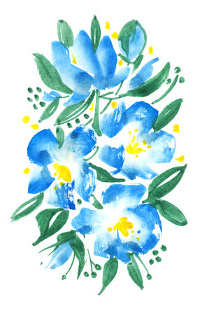 Flowers on a white background. Gouache drawing. Hand-drawn illustration.の写真素材