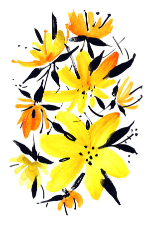 Flowers on a white background. Gouache drawing. Hand-drawn illustration.の写真素材