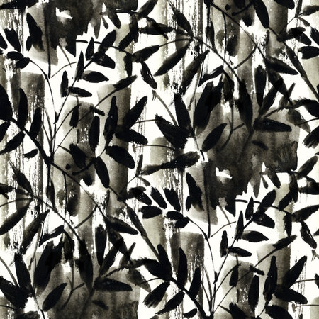 Black and white seamless pattern with leaves. Ink Drawing. hand-drawn illustration.の写真素材