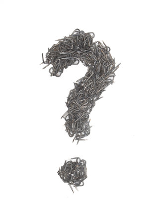 artistic isolated punctuation question mark made from steel staples isolated on a white background write, font, type style, barbed wire stapleの写真素材
