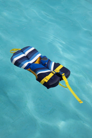 blue and yellow life preserver life vest floating in blue water with no people,  copy space, used to...