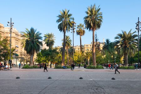 Santiago, Region Metropolitana, Chile - June 06, 2016: A view of buildings an people at Plaza de Armas, the main square of Santiago de Chile and a gathering point for tourists, immigrants and Chilean citizens.のeditorial素材