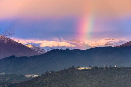 Distant view of the ski resorts in the Andes Mountain Range near Santiagoの写真素材