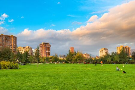 Santiago, Region Metropolitana, Chile - May 13, 2017: View of Parque Juan Pablo II, the extension of Parque Araucano, forming the mayor urban public park in Las Condes district, surrounded by apartment buildings.のeditorial素材