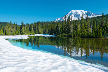 Reflection Lake and  Mount Rainier at Mount Rainier National Park, Washington State, USAの写真素材