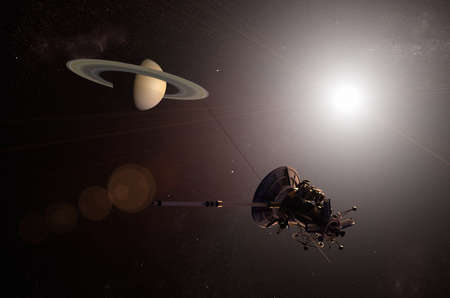 3D rendering of an unmanned spacecraft approaching the planet Saturnの写真素材