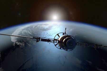 3D rendering of a satellite orbiting the earthの写真素材