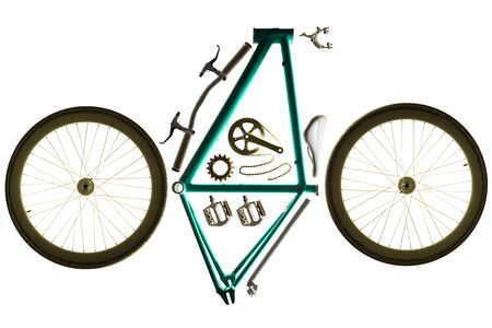 Bicycle parts for assembling a custom bike, studio shot on white backgroundの写真素材