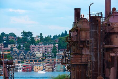 Gas Works Park and traditional Floating houses on Lake Union, Seattle, Washington State, USAの写真素材