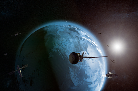 3D rendering of a satellites network orbiting planet earth