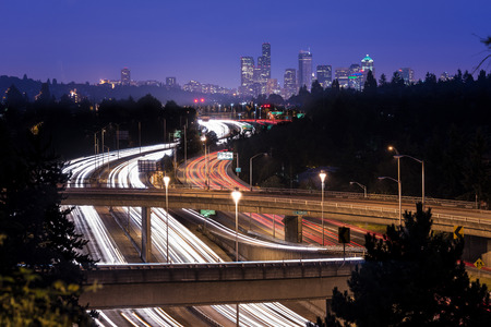 Interstate 5 and downtown skyline at night, Seattle, Washington State, USAの写真素材