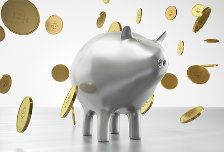 3D rendering of gold coins falling on piggy bankの写真素材