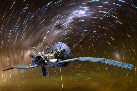3D rendering of a satellite aginst star trails