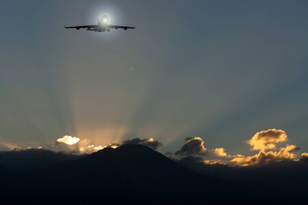 3D rendering of a plane flying over the sunrise