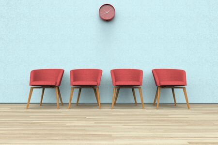 3D rendering of chairs and clock in a waiting roomの写真素材