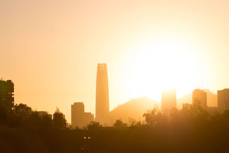 Skyline of buildings in Las Condes district from Parque Araucano, Santiago de Chileの写真素材