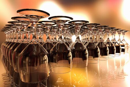 3D rendering of a set up of wine glasses ready for a partyの写真素材