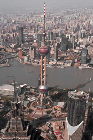 Pudong, Shanghai, China, Asia - Aerial view of the Oriental Pearl Tower in Pudong and cityscape...