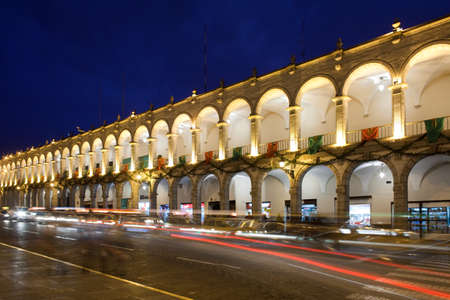 Arequipa, Province of Arequipa, Peru, South America - Spanish architecture building at the main square or Plaza de Armas at night.のeditorial素材