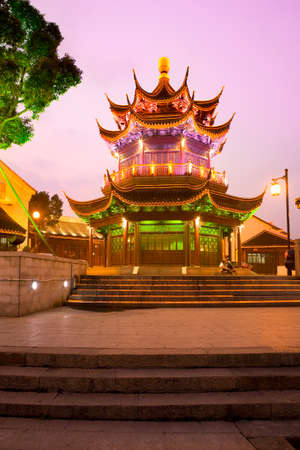 Suzhou, Jiangsu Province, China - Illuminated Pagoda in the old town at dusk.のeditorial素材