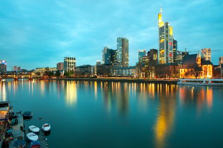Panoramic view of River Main and City Skyline of Frankfurt at dusk, Hesse, Germanyの写真素材