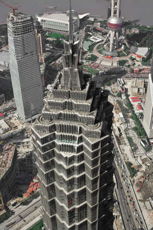 Pudong, Shanghai, China, Asia - Aerial view of the Jinmao Tower in Pudong.のeditorial素材