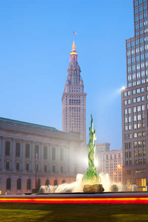 Cleveland, Ohio, United States - The Cleveland Mall Park and Fountain of Eternal Life with Terminal Tower in the back.のeditorial素材
