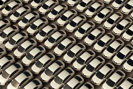 3D rendering of a lot of white generic sedan cars parked in a dealership.