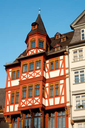 Photo for Frankfurt, Hesse, Germany - Detail of a house of traditional architecture at Romerberg square in the old town center and the Romer. - Royalty Free Image