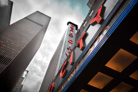 Manhattan, New York City, NY, United States - Radio City music hall entrance and neon signs.のeditorial素材