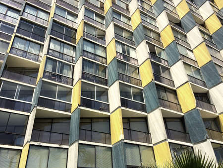 ViÃ±a del Mar, Region de Valparaiso, Chile, South America - View from below of the unique facade of a building of modern architecture in ViÃ±a del Mar.のeditorial素材