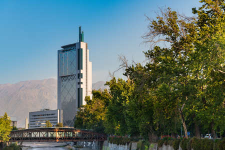 Santiago, Region Metropolitana, Chile - Telefonica skyscraper and Mapocho river in Santiago de Chileのeditorial素材