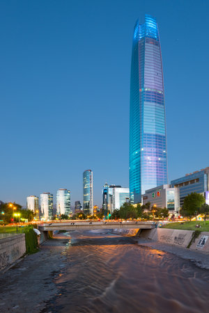 Santiago, Region Metropolitana, Chile - Skyline of financial district of Santiago with Costanera skyscraper and modern office buildings.のeditorial素材