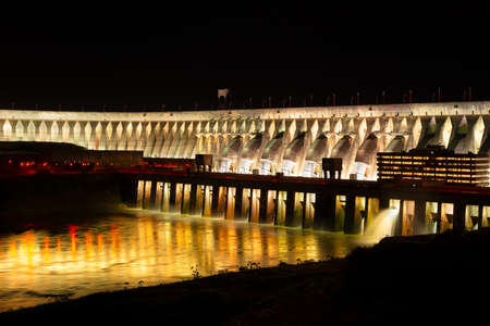 Close-up to the Itaipu Hydroelectric Dam at night.の写真素材