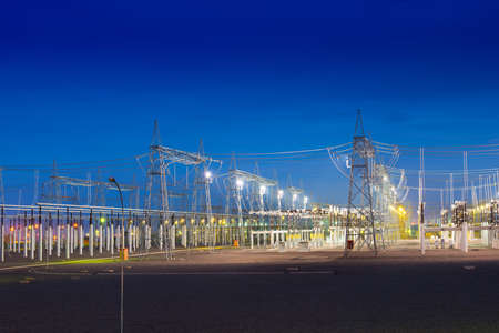 View of an electric substation at night