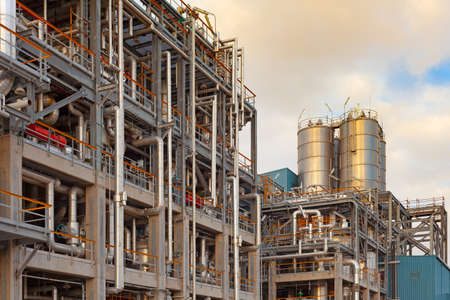 Close-up detail of pipelines and tubes in a gas refinery plant
