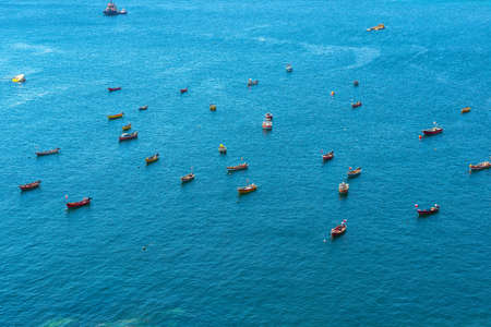 View from above of little fishing boats in the coasts of Antofagasta, Chileの写真素材