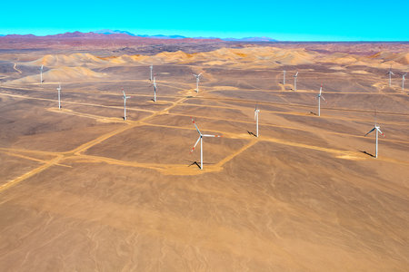 Aerial view of a wind farm in the Atacama Desert outside the city of Calama, Chileの写真素材
