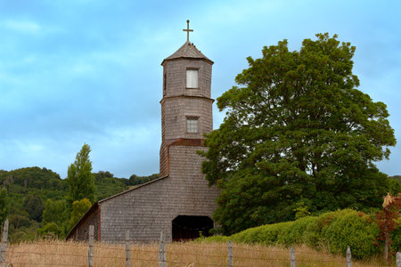 Traditional wood church in the archipelago of Chiloe at the Chilean Lake District, Chileの写真素材