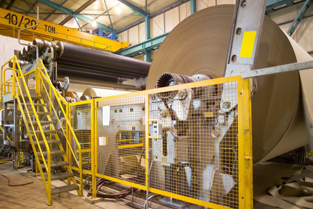 Big rolls of cardboard and paper coming out of the machinery in a paper mill plant in Chile.の写真素材
